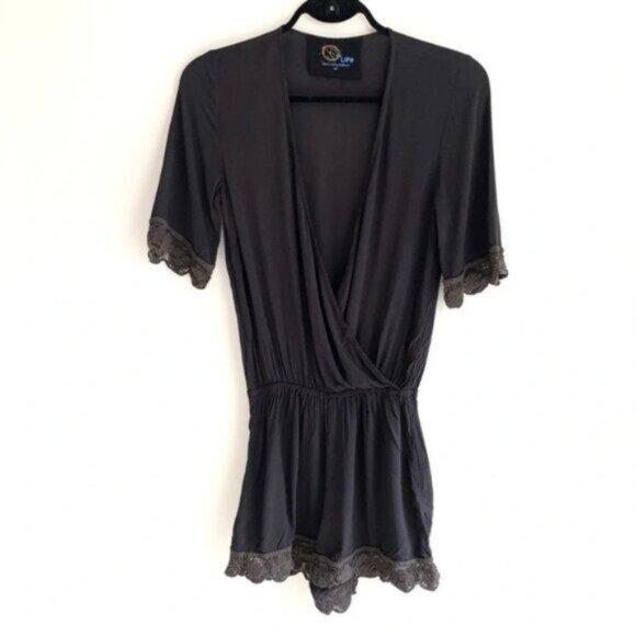 Free People Blue Life Boho Romper 3/4 Sleeve Surplice Neck Crochet Lace Black S - Picture 3 of 16